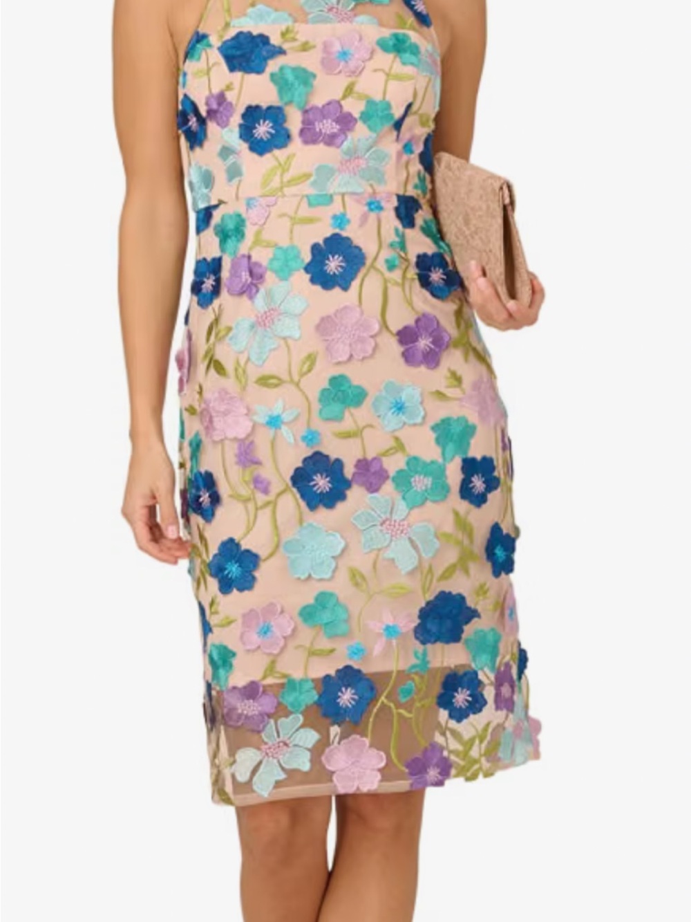 Adrianna Papell Nude Midi Dress with Blue, Teal & Purple Floral Appliqués